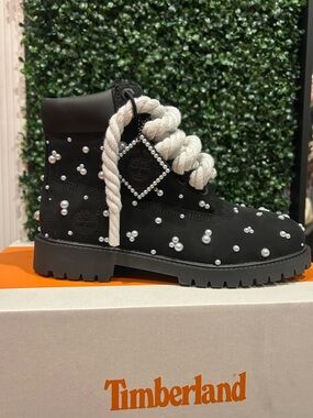 Custom black Timberland’s with Pearls and chunky laces